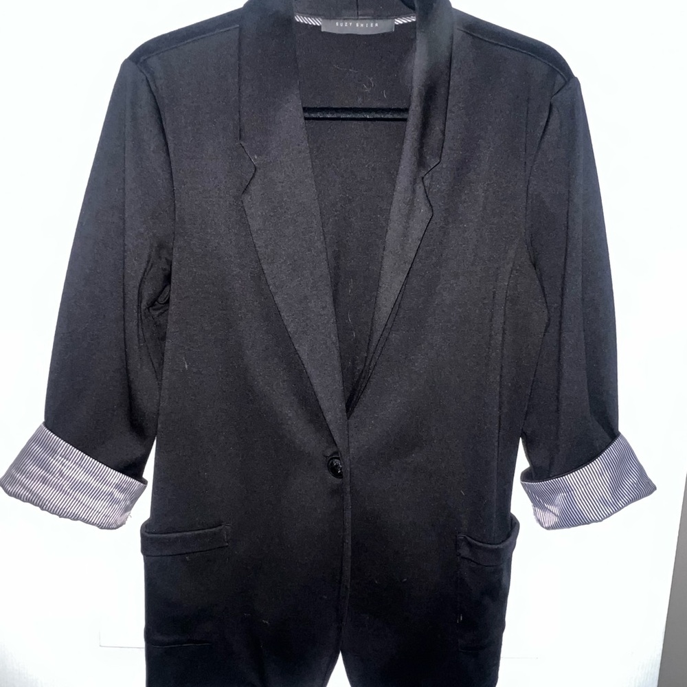 Suzy Shier Black Blazer with Striped Cuffs